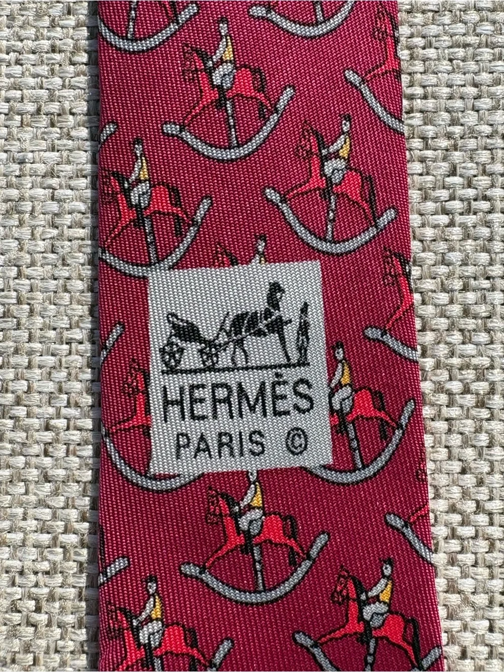 Hermès Paris Rocking Horse Rider Silk Tie Burgundy Pink France